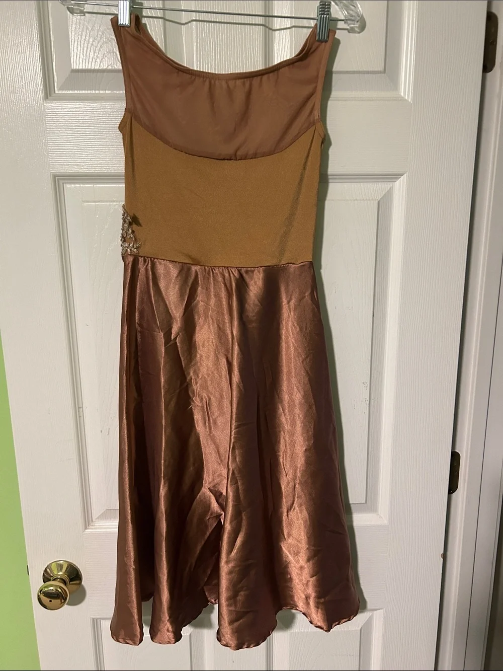 Weissman Copper Satin High-Low Dance Dress with Applique